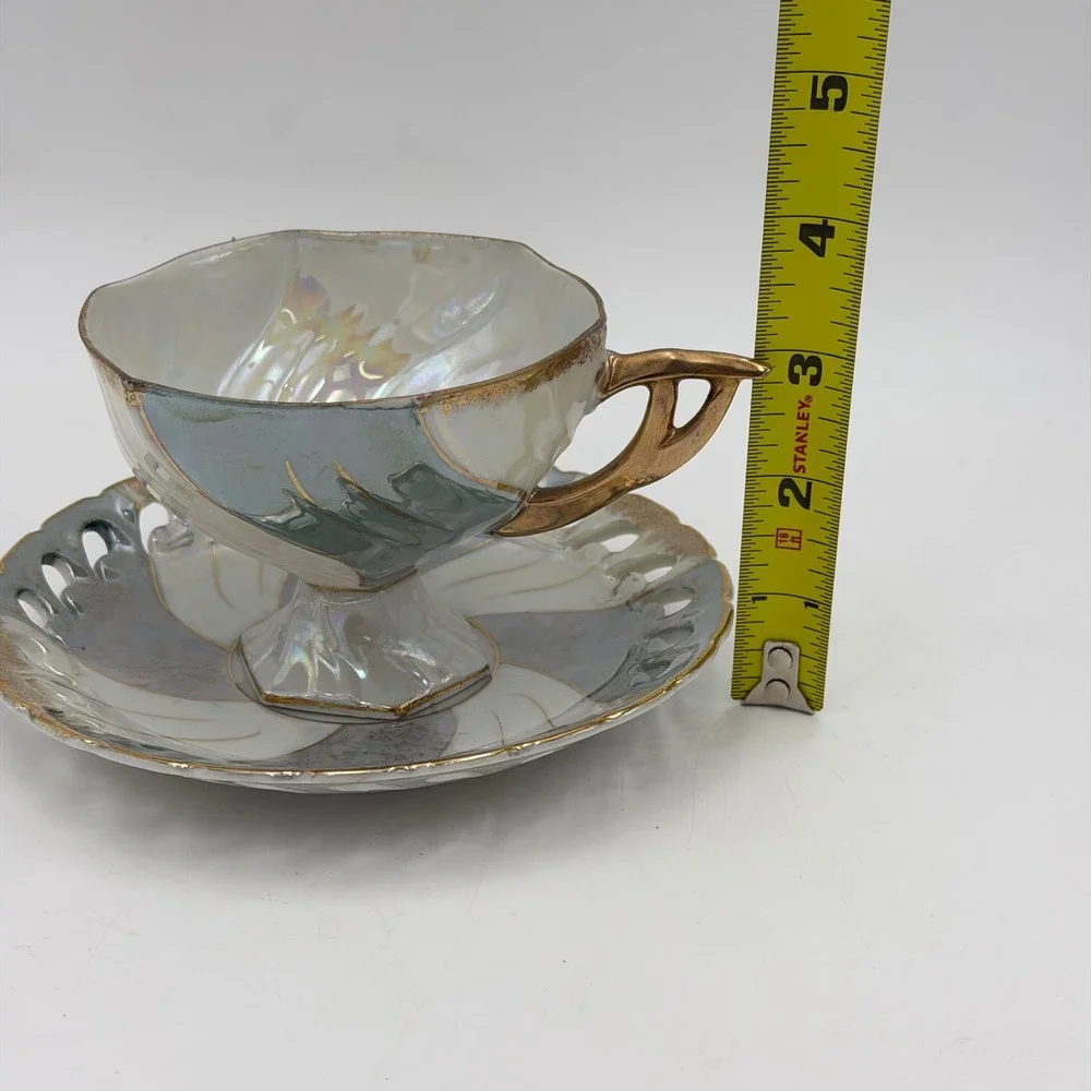 Vtg‎ Lustreware Iridescent Footed Teacup and Reticulated Saucer Set Gold Trim